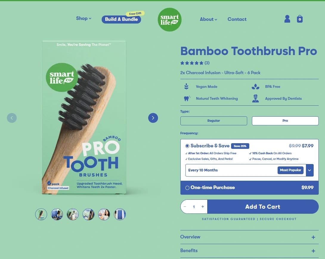 SmartLifeco product page with one time and subscription purchase choices.